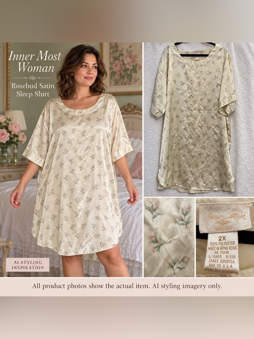 VTG 90s Inner Most Sears Satin Sleep Shirt 2X Rosebud Floral Jacquard Cottagecor